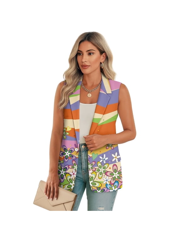 Cartoon Floral Colorful Print Womens Vest Fashion Dressy Single Button Sleeveless Blazer Suit Jackets Office Work Clothes, Size 3XL