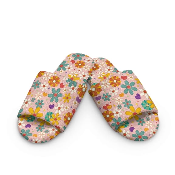 Psesaysky Cartoon Floral Print House Slippers for Women Men, Lightweight Fabric Casual Cotton Slide, Breathable Open Toe Home Shoes for Winter Indoor and Outdoor, Size 9-10