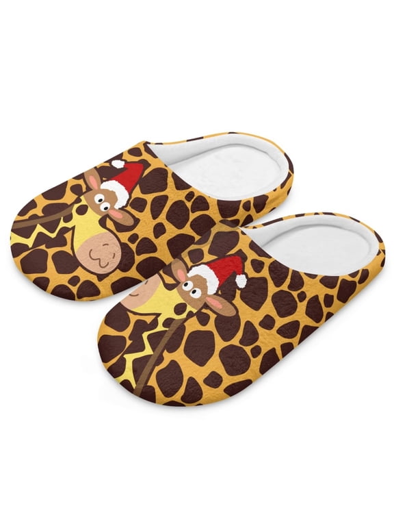 Cartoon Giraffe Christmas Print House Slippers for Women Comfortable Non-slip Indoor Slippers Closed Toe Soft Bedroom Shoes, Size 6-7