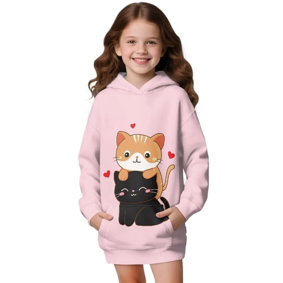 Psesaysky Cartoon Kitten Print Girls Hoodies Kids Long Pullover Hooded Sweatshirt Long hoodies for Girls Hoodie Dress with Pockets for 11-12 Years