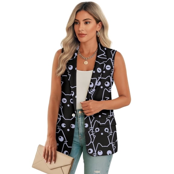 Psesaysky Cartoon Kitty Print Blazer Vest for Women Business Casual Sleeveless Open Front Suit Vest Lapel One Button Suit Waistcoat, Size XL