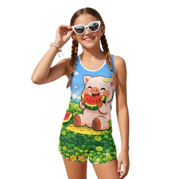 Psesaysky Cartoon Pig Watermelon Girls Tankini Swimsuit 2 Piece Bathing Suits for Girls Round Neck Swim Tank Top and Drawstring Bottoms for 6-15Y