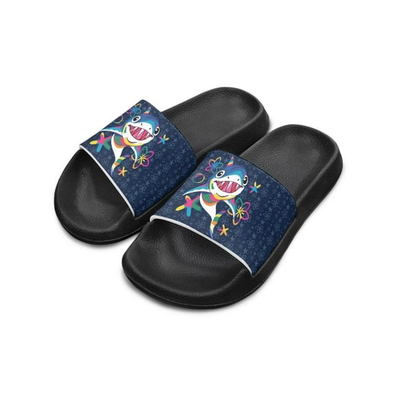 Psesaysky Cartoon Shark Pattern Sandals for Kids Boys Comfortable Soft Soled Summer Slide Sandals Versatile House Bedroom Slippers Black Sole Big Kid Size 3