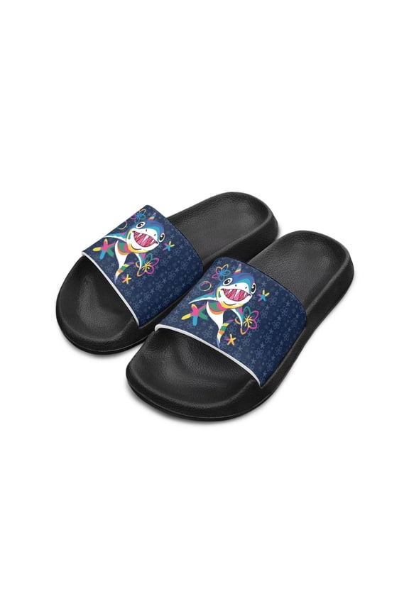 Cartoon Shark Pattern Sandals for Kids Boys Comfortable Soft Soled Summer Slide Sandals Versatile House Bedroom Slippers Black Sole Big Kid Size 3