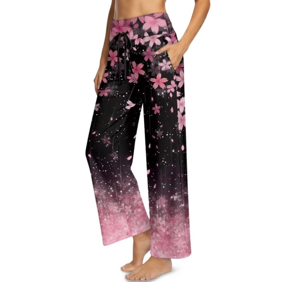 Psesaysky Cherry Blossom Print Wide Leg Pants for Women Loose Yoga Pants with Pockets High Waist/Regular/Tall Stretch Casual Lounge Pants, Size L