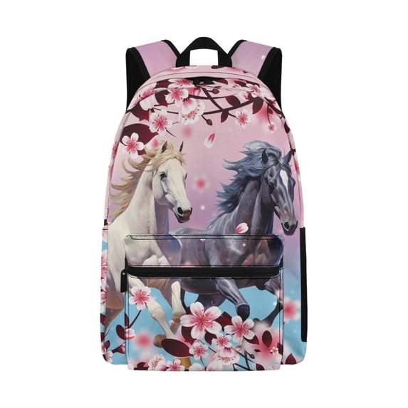 Psesaysky Cherry Blossom Running Horses Children School Backpack Kids School Bag American Flag Cow Sunflower 17" Bookbag for Elementary Primary Student