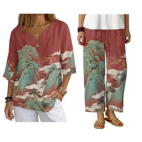 Psesaysky Chinese Style Linen Pants Sets for Women Plus Size Two Piece Lounge Sets Summer Spring Short Sleeve Button Down Shirt Wide Leg Pants for Travel,S-5XL
