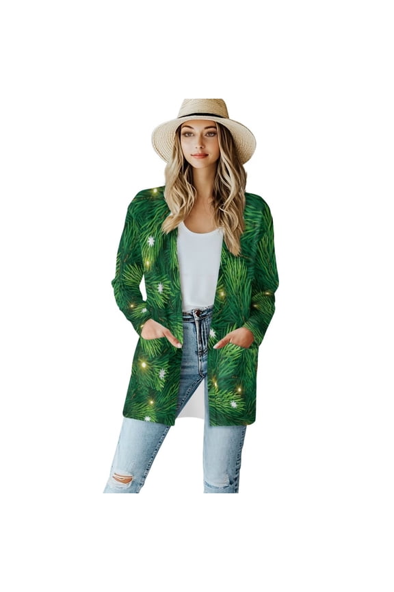 Christmas Black Cat Green Trees Fall Cardigan Sweater for Women Girl Open Front Loose Cardigan Lightweight Long Sleeve Dusters Drape Jackets Dressy V-neck Flowy Tops Plus Size