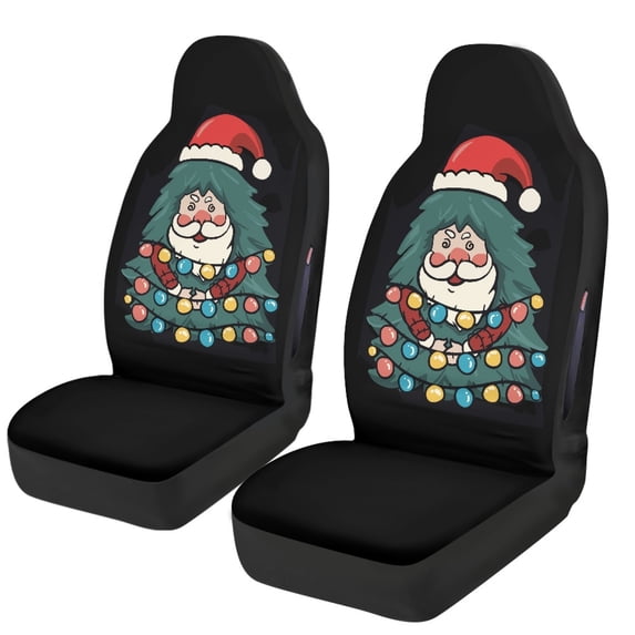 Psesaysky Christmas Car Front Seat Covers with Santa Tree Pattern, 2-Pack Polyester Auto Covers for Cars Vans and Trucks