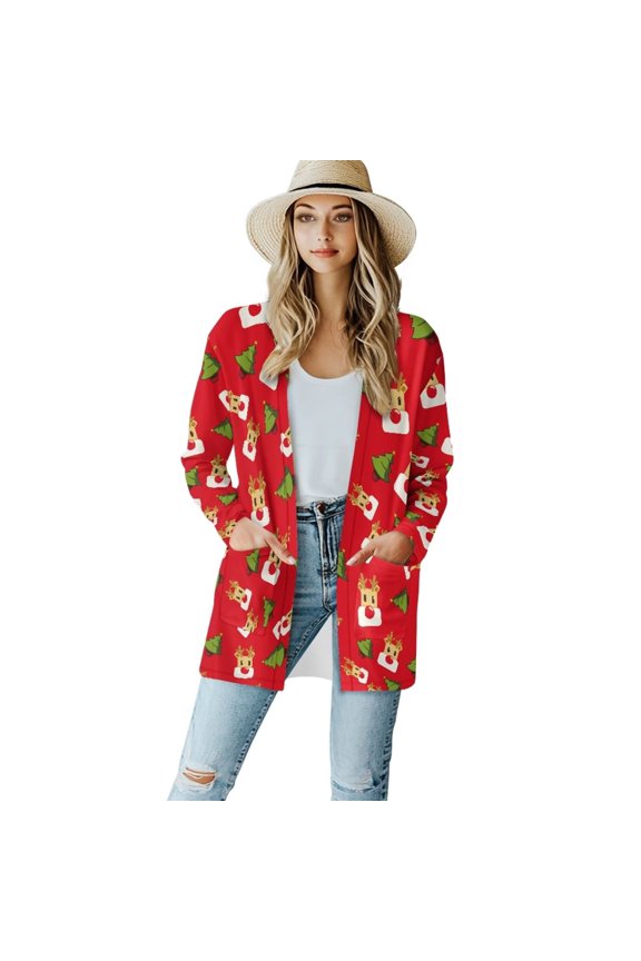 Christmas Deer Sweaters Women's Casual Lightweight Open Front Cardigan with Pockets Sleigh Basic Soft Long Sleeve Cardigans Dusters Drape Tops Loose Jacket