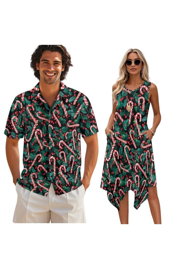 Christmas Dress for Women Sleeveless A Line Flared Beach Sundress Candy Cane Couple Matching Outfit Short Sleeve Shirts for Men Ugly Christmas Costume Plus Size