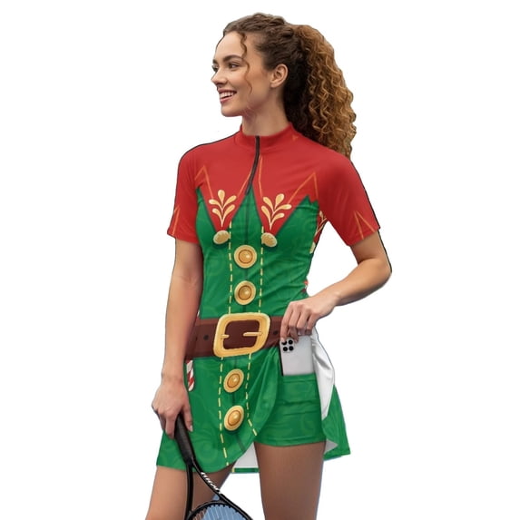 Psesaysky Christmas Elf Tennis Dress with Built in Shorts for Women Zip up Golf Tennis Dress with Pockets&Collar Women's 2 Piece Workout Activwear Sets Christmas Outfit
