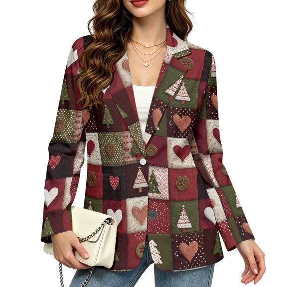 Psesaysky Christmas Love Red Plaid Blazer for Women Work Office Suits, Open Front Long Sleeve Casual Business Jacket with Pockets, Plus Size Single Button Dressy Coat, Professional Interview Outfits