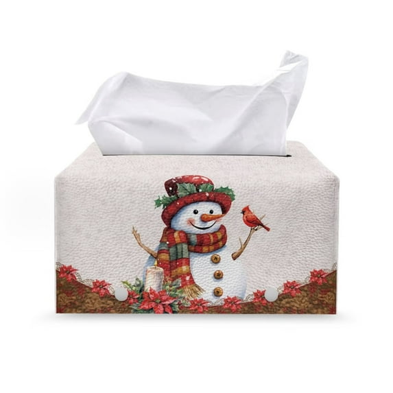 Psesaysky Christmas Rectangle Tissue Box Cover, Snowman Cardinal Tissue Box Holder with Bottom Buckle - Waterproof PU Leather Decorative Organizer for Tabletop, Bathroom, Car, Office