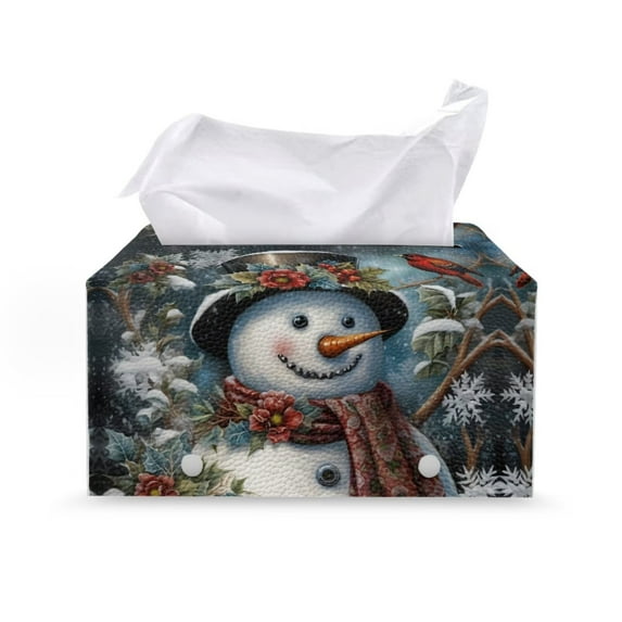 Psesaysky Christmas Rectangle Tissue Box Cover - Waterproof PU Leather Tissues Cube Boxes Holder Aesthetic Desk Decor for Room, Home & Office - Snowman