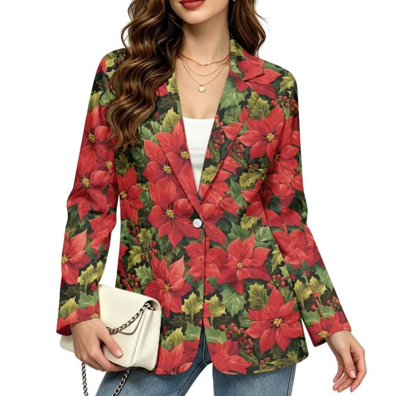 Psesaysky Christmas Red Floral Womens Dressy Blazer Work Office Suit Jackets, Open Front Long Sleeve Casual Business Jackets with Pockets, Oversized Single Button Plus Size Coat, Trendy Winter 2026
