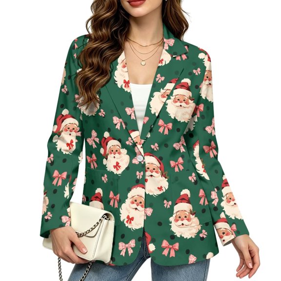 Psesaysky Christmas Santa Claus Bow Dots Work Blazers for Women Plus Size Office Suits, Open Front Long Sleeve Casual Business Jackets with Pockets, One Button Stretch Trendy Holiday Suit Jackets