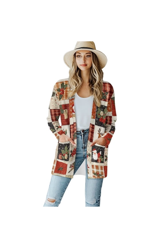 Christmas Santa Claus Deer Black Red Buffalo Plaid Cardigan Sweaters Open Front Long Sleeve Cardigan Dressy Casual Trendy Lightweight Jacket Coat Drape Dusters for Women Lady