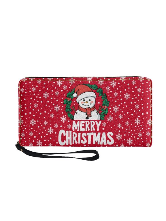 Christmas Snowman Pattern Long Purse with Zip Around Zip-Around Long Wallet for Travel, PU Leather Women's Wallets for Dating