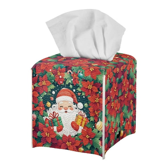 Psesaysky Christmas Theme Tissue Box Cover Holder Square Tissue Cube Cover PU Leather Facial Organizer for Bathroom, Tabletop, Car, Night Stands, Office, Home, Kitchen -Santa Gift Flower