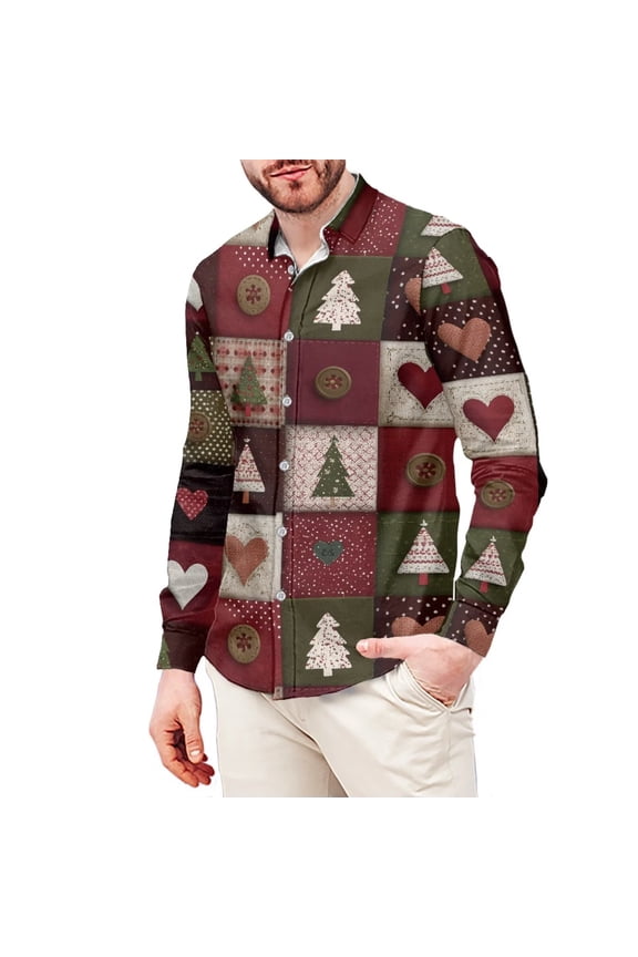 Christmas Tree Patchwork Mens Shirt Hawaiian Shirts for Athletic Work Travel Thanksgiving Design Breathable T-Shirt Tee Tops-Button Down Hawaiian T-Shirts for Man