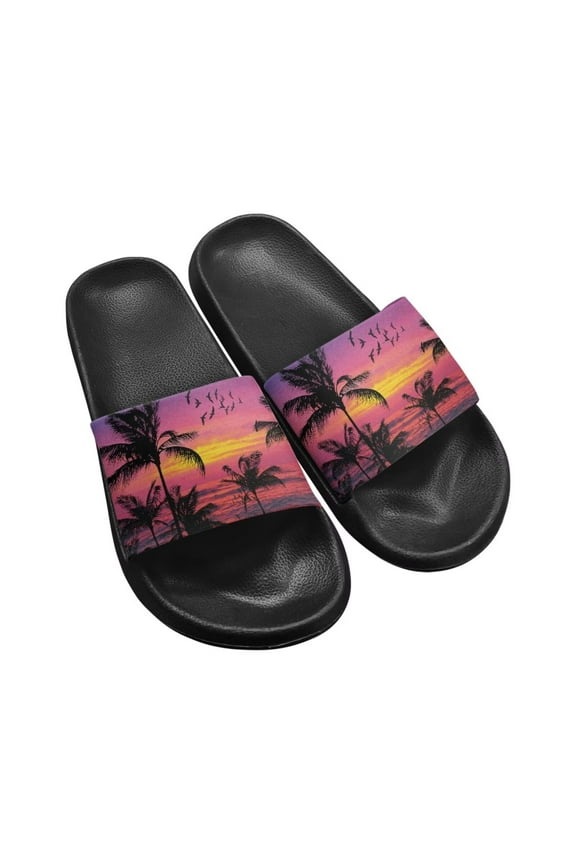 Coconut Tree Sunset Beach Sandals for Ladies Women Anti-Slip Fashion Lightweight Slide Sandals for Swimming Pool House Shower Shoes Black Sole Size 5