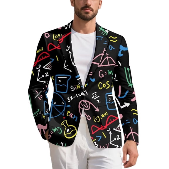 Psesaysky Colorful Math Print Mens Sport Coat Dress Suit Blazer Jacket One Button Lightweight Casual Business Blazer for Teacher