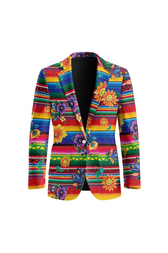 Colorful Striped Floral Pattern Lightweight Outerwear, One Button Suit Jacket Solid Polyester Casual Suits for Men for Business