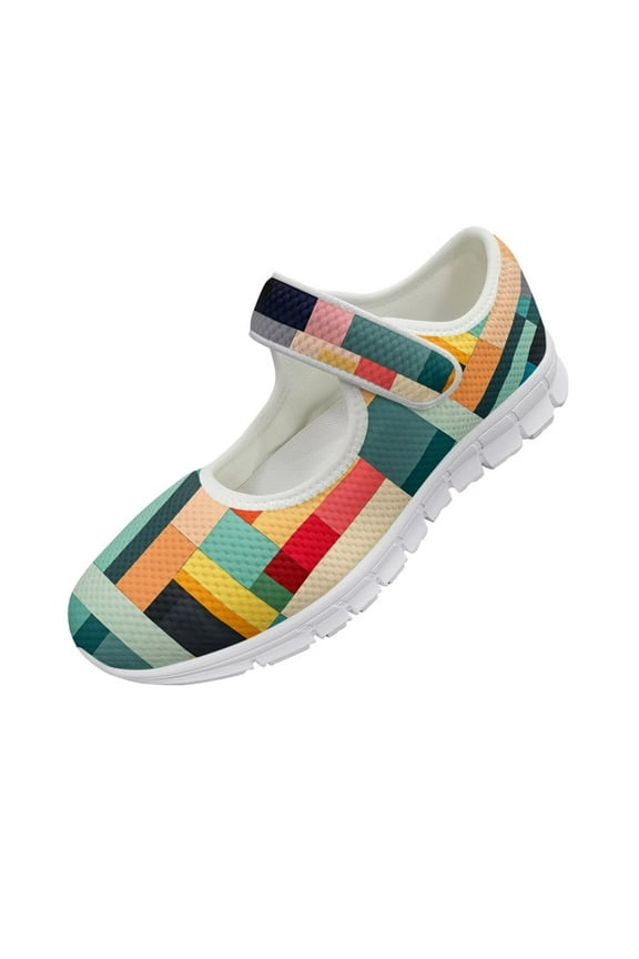Colorful Stripes Casual Shoes for Ladies Girls Light Shock-Absorption Velcro Sneakers Easy to Wear Size 5.5-10