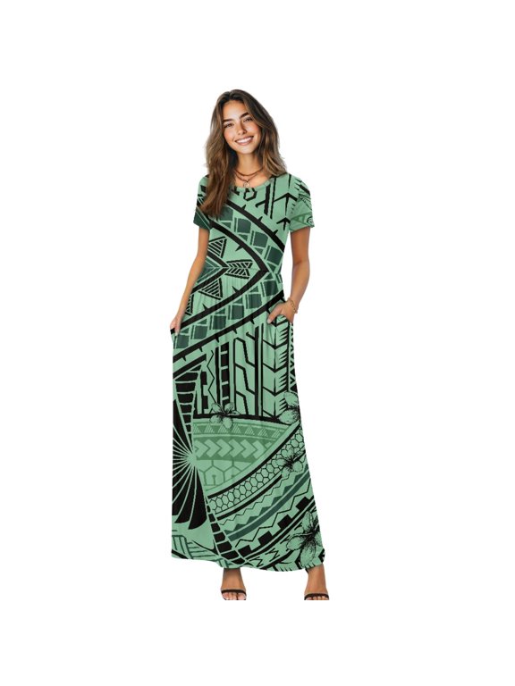 Comfortable Short Sleeve Loose Fit Maxi Dress, Plumeria Leaf Two Side Pockets Round Neck Short Sleeve Maxi Dress for Travel Daily Holiday