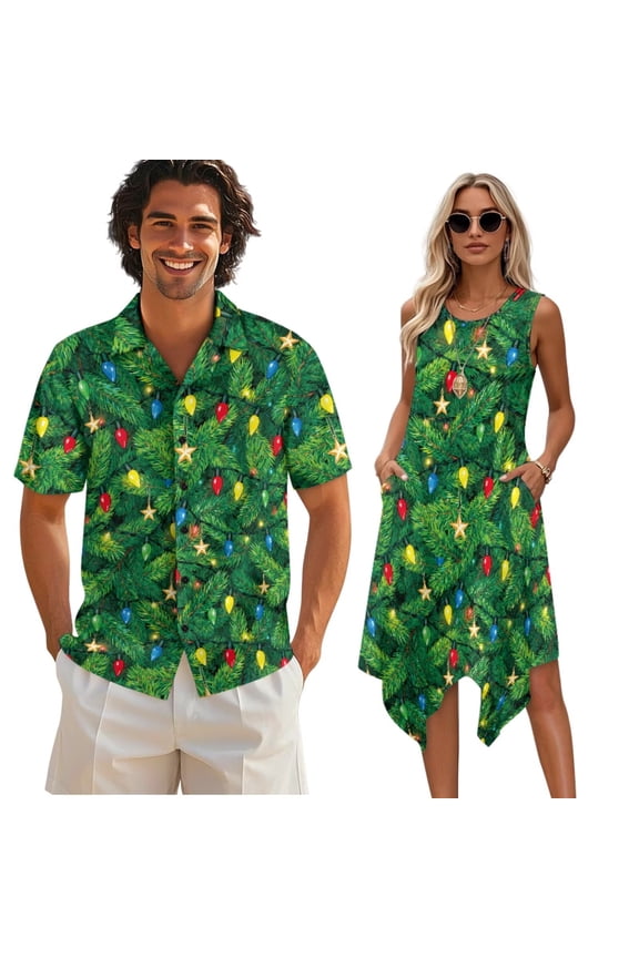 Couple Christmas Dress and Shirts Colorful Lights Print Womens Sleeveless Flared Sundress with Pockets Mens Causal Shirts Christmas Costume for Couple-S