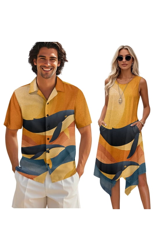 Couple Matching Clothes for Husband Wife Whale Print Sleeveless Flared Mini Sundress and Button Down Hawaiian Aloha Shirt for Holiday Party