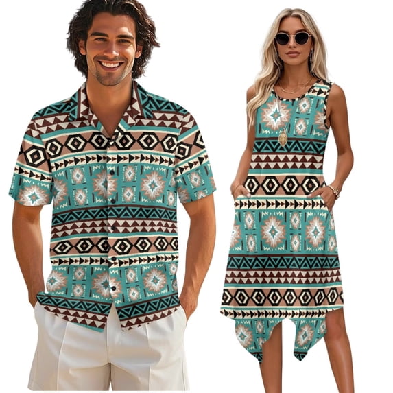 Psesaysky Couple Western Matching Outfit Tribal American Navajo Sleeveless Dress for Women Or Short Sleeve Button Down Mens Shirts Couples Clothes Plus Size His and Her Matched Set