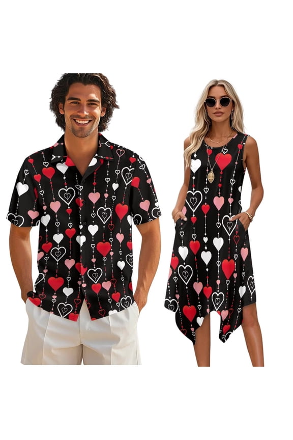 Couples Matching Outfit for Valentine's Day Tunic Dress and Shirts for His and Her Red Heart Print Sleeveless Midi Sundress or Buttons Down Shirts Plus Size