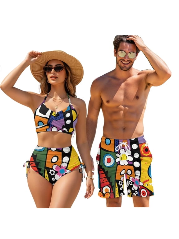 Couples Matching Swimsuits Graffiti Art Women's Bikini Sets High Waisted Men's Swim Trunks with Pocket Bathing Suit for Patriotic Hawaii Couples Swimwear Matching Bathing Suits