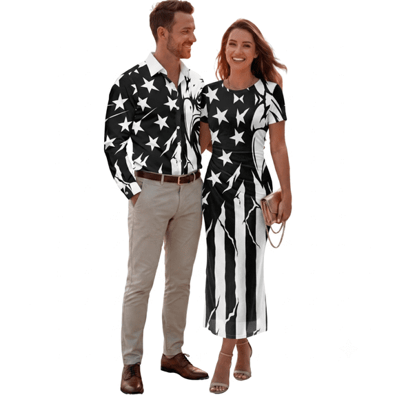 Psesaysky Couples Outfits His and Her Matching Sets Blue Hibiscus Print Long Sleeve Dress Shirts and Bodycon Dress for Men Women Matching Outfits Couple Hawaii Luau Party Outfit