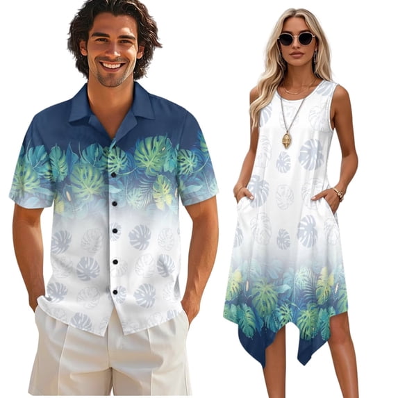 Psesaysky Couples Outfits Matching Sets for Women Men Gradient Palm Leaves Sleeveless Flared Dress or Aloha Shirts Beach Vacation Matching Clothes for Spring Summer