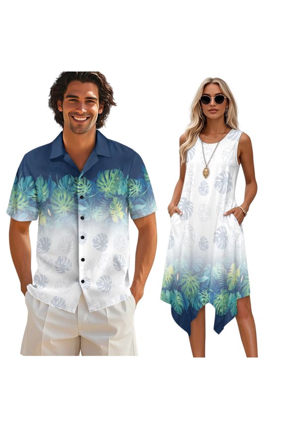 Couples Outfits Matching Sets for Women Men Gradient Palm Leaves Sleeveless Flared Dress or Aloha Shirts Beach Vacation Matching Clothes for Spring Summer