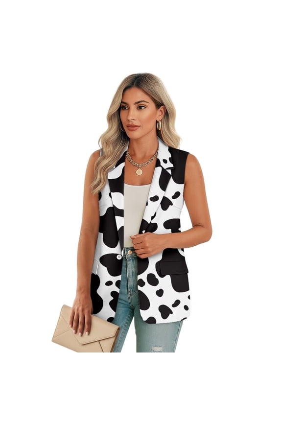 Cow print Womens Waistcoat Vest Sleeveless Blazers for Women Business Casual Fashion Open Front Suit Vest, Size S