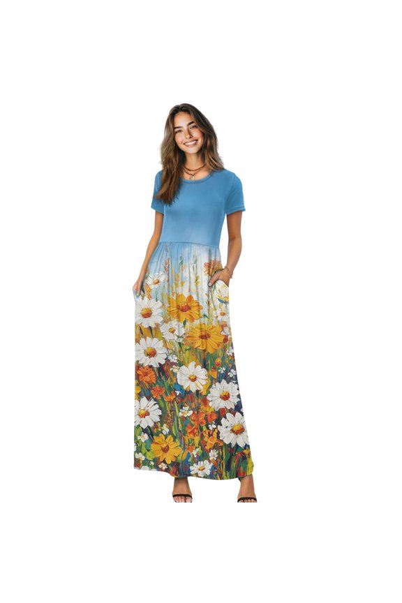 Crew Neck Short Sleeve Maxi Dress for Evening Party Travel, Graffiti Floral Pattern Polyester and Spandex Fabric Comfort Women Short Sleeve Maxi Dress