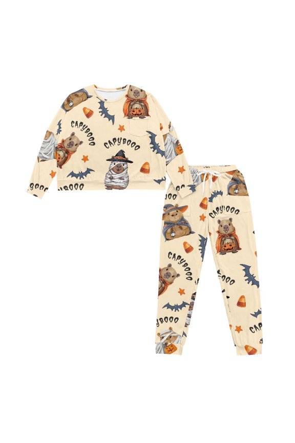 Crewneck Women's Pajama Sets with Halloween Capybara Print, Long Sleeve 2 Piece Sleepwear for Nightwear and Home Use