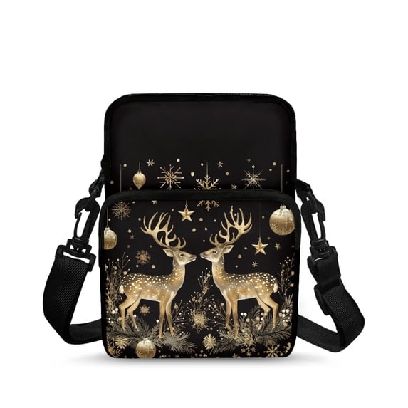 Psesaysky Cross Body Bags Golden Christmas Reindeer 2 Zippers Crossbody Wallet for Travel, Stretch Polyester Adjustable Lightweight Passport Purse