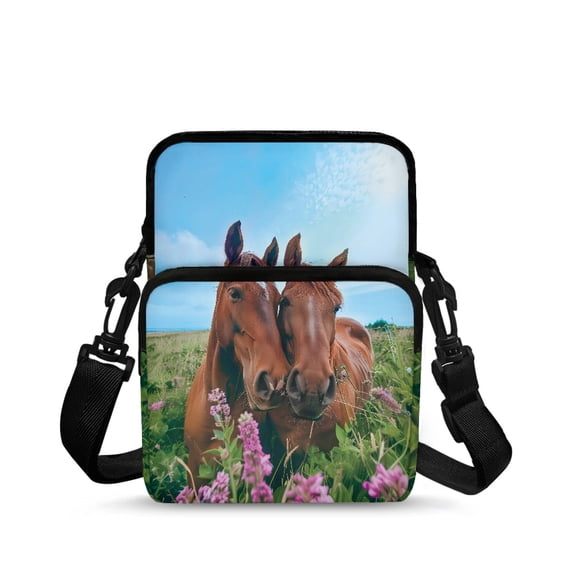 Psesaysky Crossbody Bag Two Chestnut Horses Decoration with Pockets Crossbody Bags for Travel, Polyester Lightweight Crossbody Purse