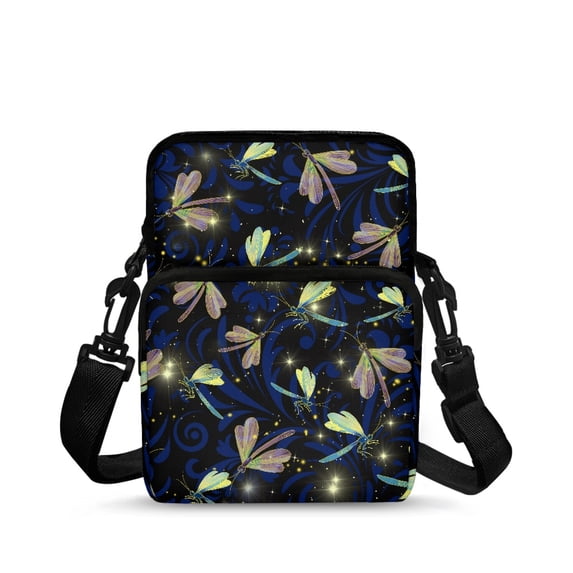 Psesaysky Crossbody Bag for Travel, Lightweight 2 Layer Shoulder Wallet for Girls Sparkle Dragonfly Pattern Crossbody Bags