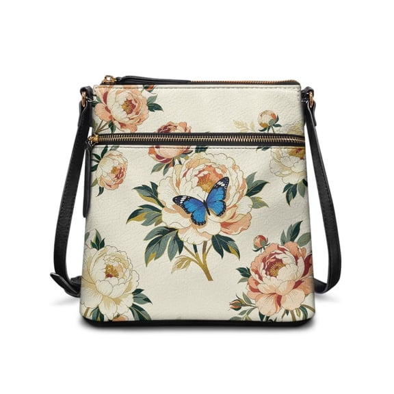 Psesaysky Crossbody Purse Vintage Peony Butterfly Crossbody Bags for Women Lady Leather Sling Handbags Medium Zipper Cross body Purses Handbags Fashion Purses For Women