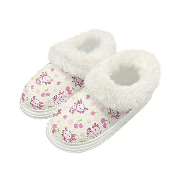 Psesaysky Cute Axolotl Cherry Print Winter House Slippers for Women, Warm Fluffy Fuzzy Slippers, Non-Slip Thick Sole Home House Shoes, Indoor and Outdoor, Size 8-9