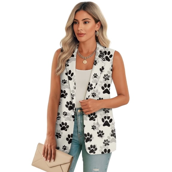 Psesaysky Cute Dog Paws Print Womens Casual Blazers Open Front Sleeveless Work Office Suit Jackets Blazer Lapel Collar Suit Vest with Pockets, Size S
