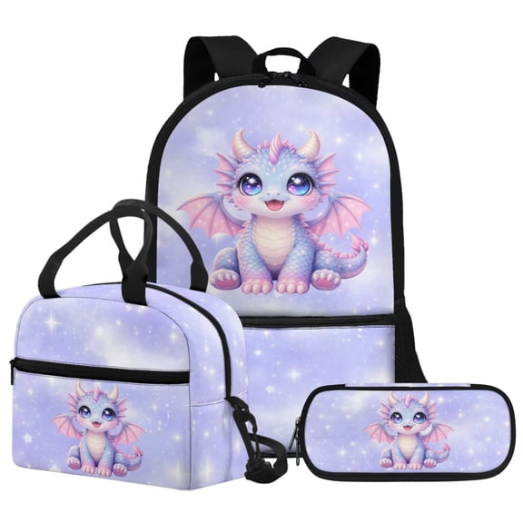 Psesaysky Cute Fire Dragon School Backpack for Girls 17 Inch Book Bag +Lunch Bag +Pencil Case 3 Pcs Backpack Set Schoolbag for Kids Boys Back To School Bookbag Kawaii Daypack
