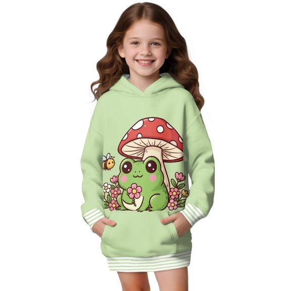 Psesaysky Cute Frog Mushroom Print Long Hoodie Sweatshirts for Girls - Soft Long Sleeve Pullover Hoodie Dress Stylish Fall Winter Shirt for 7-8 Years
