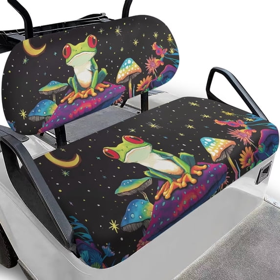 Psesaysky Cute Frog Print Golf Cart Seat Covers and Backrest Cover, Mushroom Moon Night Universal Club Car Seat Covers for Ezgo Seats Golf Carts, Breathable Bench Cushion Cover